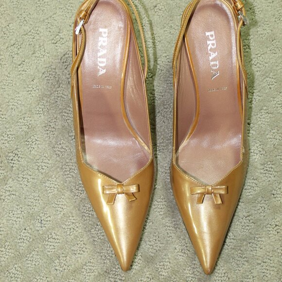Prada Women's Size 7 / 37.5 Gold Patent Leather 3" Kitten Heel Bow Slingback - Picture 2 of 10